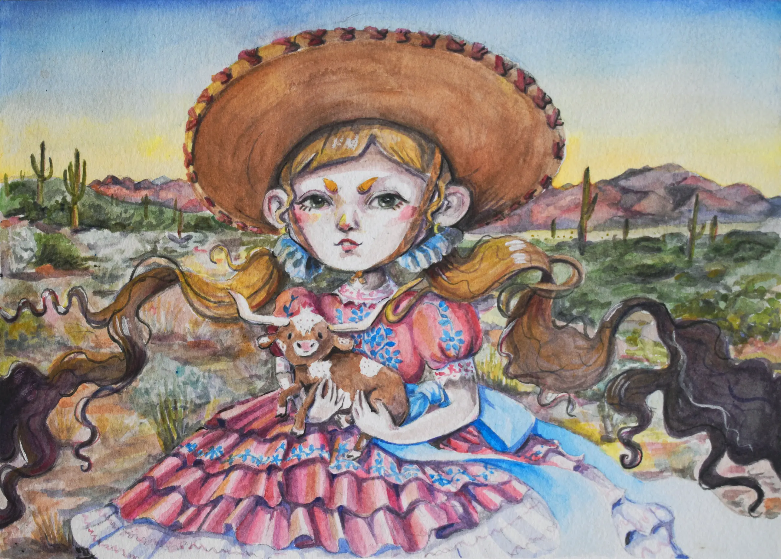 Female rodeo rider with pink dress, holding a tiny cow, in front of a desert background.